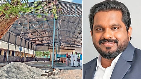 ஆம்பலாபட்டு இலுப்பைதோப்பு கிராமத்தில் உள்ள அரசு மேல்நிலைப் பள்ளியில் ரூ.65 லட்சத்தில் கட்டப்பட்டு வரும் கலையரங்கம். | முன்னாள் மாணவர் வாஞ்சிநாதன்.