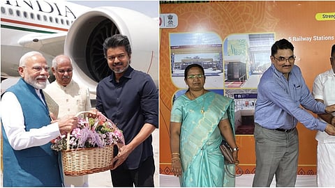 சென்னை வந்த பிரதமரை வரவேற்ற முதல்வர் (இடது), பழநியில் நடைபெற்ற நிகழ்ச்சியில், தெற்கு ரயில்வே கோட்ட பொது மேலாளர் ஓம் பிரகாஷ் மீனா.&nbsp; (வலது)