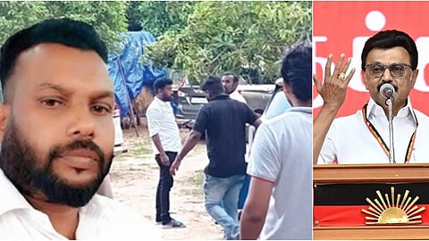 வேளாங்கண்ணி அருகே கீழப்பிடாகையில் அதிகாரிகள் சோதனை நடத்திய பூபாலன் வீடு | உள்படம்: பூபாலன் - வலது திமுக தலைவர் மு.க.ஸ்டாலின்