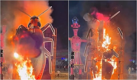 டெல்லியில் ராவணனுடன் சேர்த்து 30 அடி கரப்பான் பூச்சி உருவ பொம்மை எரிப்பு