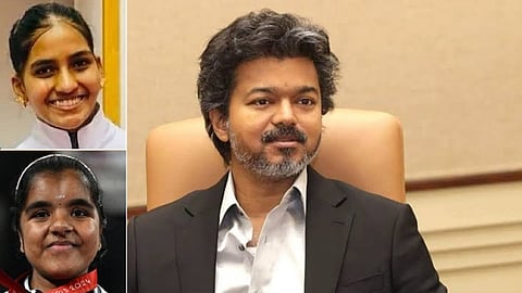 வீராங்கனைகள் மனிஷா ராமதாஸ் (மேல் இடது), நித்ய ஸ்ரீ (கீழ் இடது); முதல்வர் விஜய் (வலது)