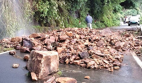 பழநி -  கொடைக்கானல் மலைச்சாலையில் பி.எல்.செட் அருகே சாலையில் சரிந்து விழுந்த பாறைகள்.