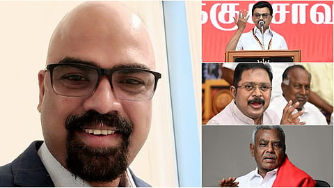 பேராசிரியர் கலையரசன் (இடது)&nbsp; மு.க.ஸ்டாலின், டிடிவிதினகரன், பெ.சண்முகம் (மேலிருந்து கீழ்)