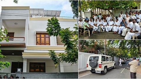 திருச்சி தில்லை நகர் பகுதியில் உள்ள முன்னாள் அமைச்சர் கே.என்.நேரு வீட்டில் லஞ்ச ஒழிப்பு போலீஸார் சோதனையில் ஈடுபடுவதையொட்டி, அவரது வீட்டு வாசலில் திரளாக காத்திருக்கும் திமுகவினர். 