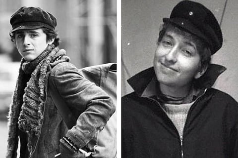 Timothée Chalamet on the set of the biopic; (right) Bob Dylan 