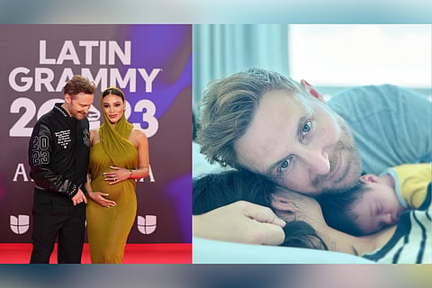 (Left) David and Jessica  at the Latin Grammy Awards last year | (Right) David and jessica with their new born, Cyan.