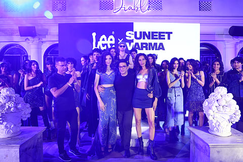 Designer Suneet Varma with models at Lee X Suneet Varma Collection launch at Diablo in Mehrauli