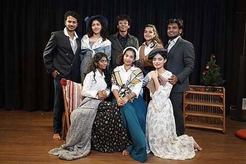 Standing L-R: Kevin as Brooke, Varshini as Meg, Antony as Mr March, Mahati as Jo, Joe as Laurie. Sitting L-R: Rhea as Beth, Abrina as Marmee, and Akshara as Amy