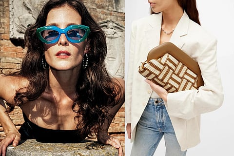 Junk Plastic Rehab Joys Sunglasses and THEMOIRè Bios Weaved Straw Shell & Caramel Bag 