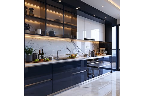 Linear kitchen cabinets made of lacquered glass (Saint Gobain)