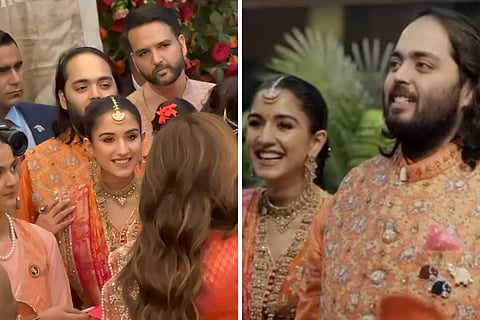 In colour-coordinated outfits, Anant Ambani and Radhika Merchant kickstart the wedding festivity with  'mameru' ceremony