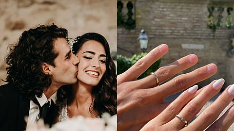 Gianmarco Tamberi with wife Chiara Bontempi (L); their wedding rings(R)