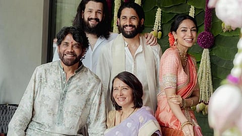 Naga Chaitanya and Sobhita (R) Dhulipala with Nagarjuna, Amala and Akhil Akkineni (L) 