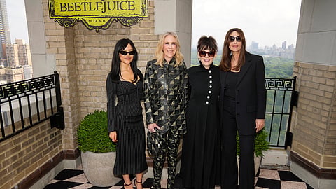 Jenna Ortega, Catherine O'Hara, Winona Ryder and Monica Bellucci (L to R) participate in the Beetlejuice Beetlejuice cast photo call  