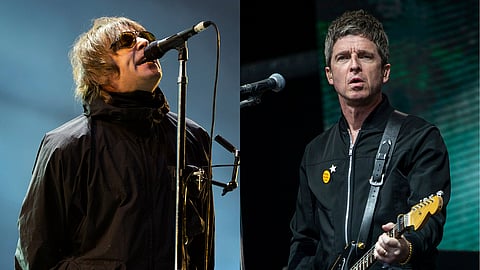 Liam Gallagher performs at the Reading Music Festival, England on Aug. 29, 2021, left, and Noel Gallagher performs at the Glastonbury Festival in Worthy Farm