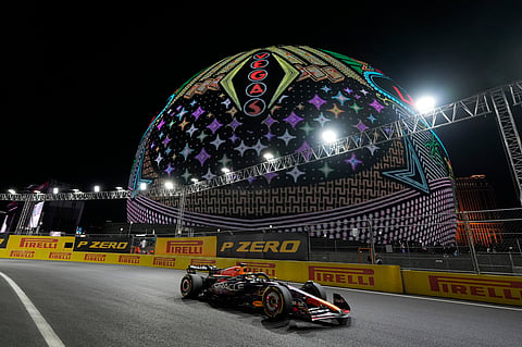 Red Bull driver Max Verstappen, of the Netherlands, drives past the Sphere during the Formula One Las Vegas Grand Prix auto race