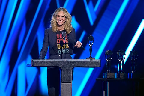 Julia Roberts speaks during the 39th Annual Rock & Roll Hall of Fame Induction Ceremony on Saturday, Oct. 19, 2024, at Rocket Mortgage FieldHouse in Cleveland