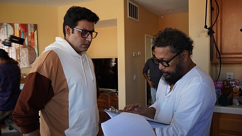 Shoojit Sircar with Abhishek Bachchan while filming I Want To Talk