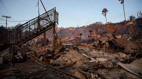 A staircase is left partially standing in a property in the aftermath of the Palisades Fire in the Pacific Palisades neighborhood of Los Angeles