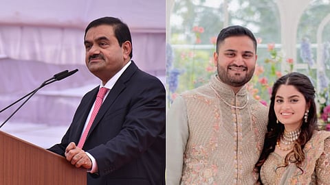 Gautam Adani (L);  Jeet Adani and Diva Shah (R)