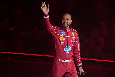 Ferrari driver Lewis Hamilton of Britain attends the F1 75 Live launch event at the O2 arena in London on Tuesday, Feb. 18, 2025