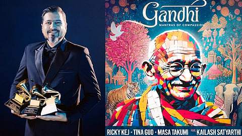 Ricky Kej is seen posing with his three grammys beside the cover art image of his brand new album Gandhi – Mantras of Compassion 