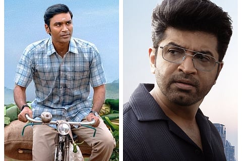 Dhanush; (R) Arun Vijay in Idli Kadai