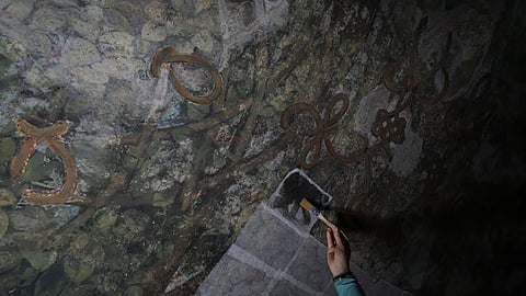 Stefania Negro works on restoring the Sala delle Asse, part of the newly created Leonardo da Vinci itineraries inside Milan's Sforza Castle, Italy, Tuesday, Jan. 20, 2026. 