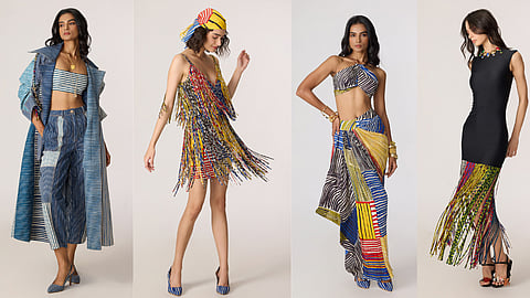 Sustainable patchwork denim, zero-waste tassels, and layered prints in foucs