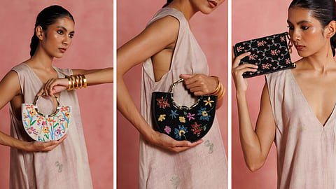 Collection of embroidered leather bags in muted, earthy shades