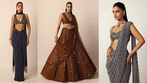 Mirror work and metallic textures creating soft evening glow effect