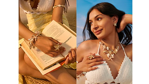 A vacation-inspired jewellery editorial showcasing layered necklaces, rings and statement earrings