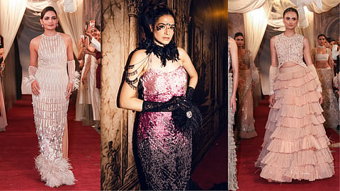 Glamorous occasionwear look featuring feather accents, intricate beadwork, and contemporary silhouettes