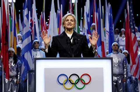 IOC President Kirsty Coventry speaks during the Olympic opening ceremony at the 2026 Winter Olympics, in Milan, Italy