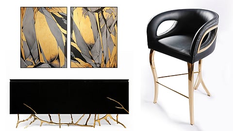 Minimalist black-and-gold console table and bar chair from Punam Kalra’s latest furniture collection