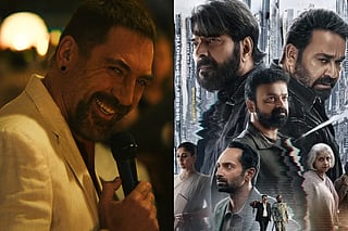 Side-by-side images featuring a glimpse of Javier Bardem in Cape Fear and a multi-character movie poster of Patriot starring Mamooty and Mohanlal