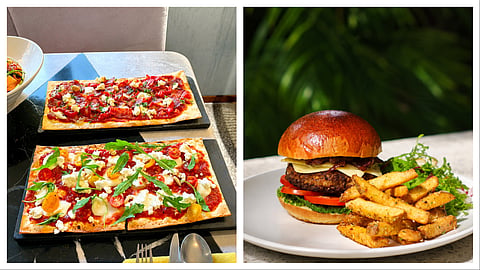 Wild Tomato Goat Cheese And Rocket Flammkuchen (L) and Stone-Grilled Lamb & Emmental Brioche Burger  at Caara