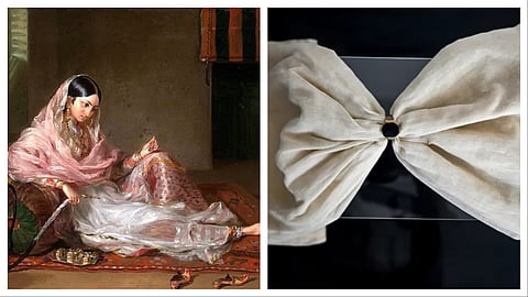 An Indian Girl with a Hookah is a famous 1789 oil-on-canvas painting by Francesco Renaldi, which was painted in Dhaka and depicts an elite woman wearing muslin (L); a newly-woven muslin sari passed through a ring at a display centre in Dhaka (R)
