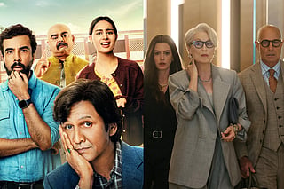 Collage featuring cast poster of Prime Video series Adarsh Baal Vidyalaya alongside Anne Hathaway, Meryl Streep, and Stanley Tucci in The Devil Wears Prada.