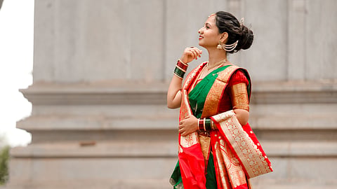 The Nauvari saree’s dhoti-style drape gave women freedom of movement for riding, working and fighting