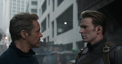 A screengrab of a scene featuring Robert Downey Jr and Chris Evans  from Avengers: Endgame. 