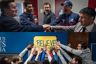 A cpllage of glimpses of different scenes from Ted Lasso 