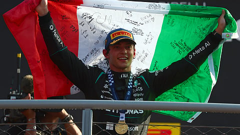 Kimi Antonelli celebrates an unbelievable victory at Monza after charging from P19 on the grid.