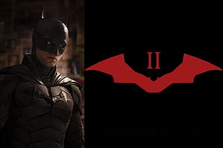 A collage of Robert Pattinson in The Batman; Logo for the upcoming The Batman: Part II