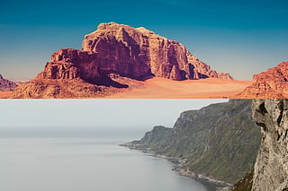 A collage of representational images of Wadi Rum, Jordan and Stadlandet Peninsula, Norway