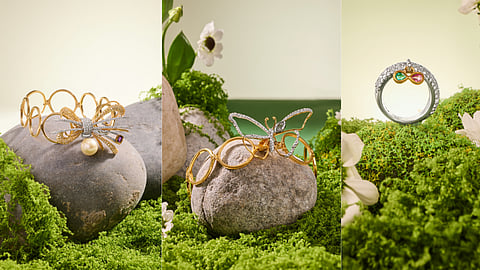 Close-up of floral and butterfly-inspired jewellery from Sapna Mehta Garden of Love