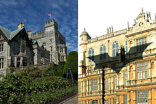 (L-R) Exteriors of the Hatley Castle in Canada and representative image of Wollaton Hall, near Nottingham city center in England.