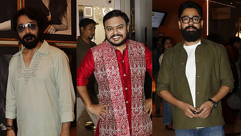 (L-R) Prosenjit, Pavel and Riddhi at the premiere of Daktar Kaku