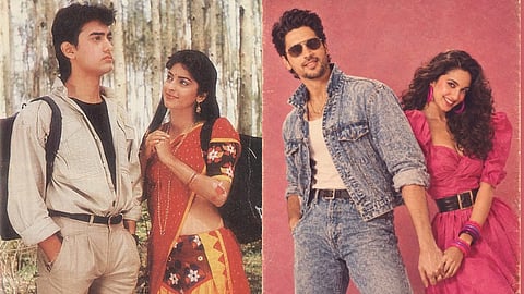(Right) a still from Qayamat Se Qayamat Tak, reflecting distinctly Indian fashion of the 1980s; (Left) An AI-generated 1980s-style image shared by the actors themselves, 