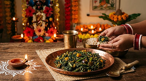 Choddo Shak brings 14 leafy greens together in a traditional Bhoot Chaturdashi meal served with steamed rice